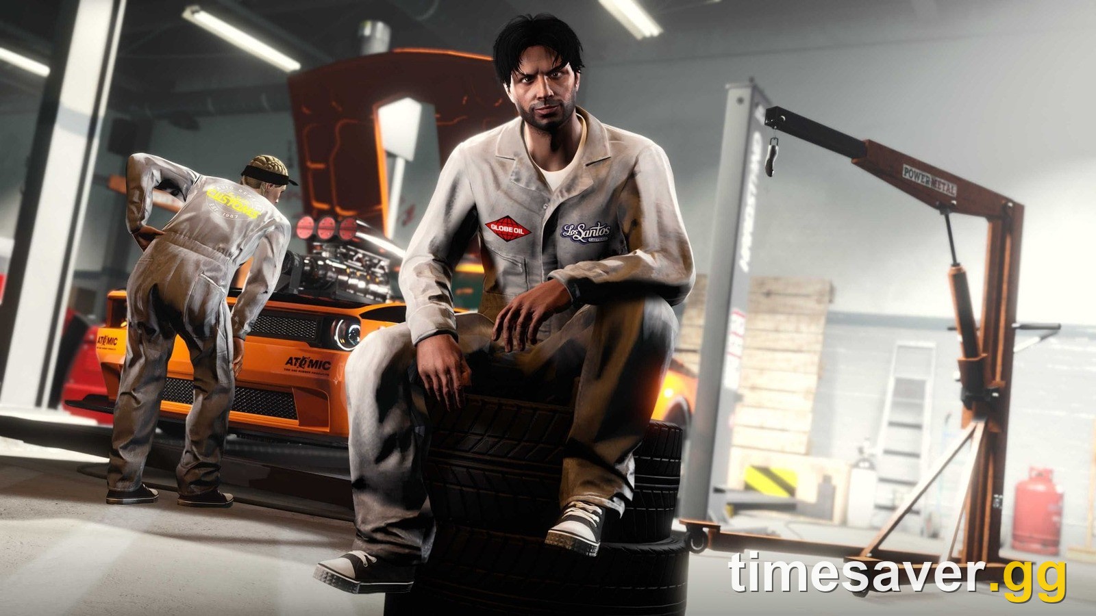 GTA Online Auto Shop with mechanics working on a tuner car