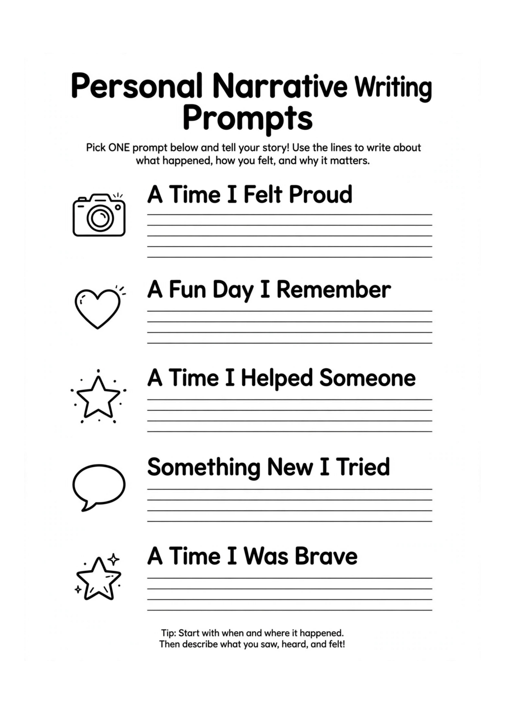 Personal Narrative Writing Prompts Worksheet