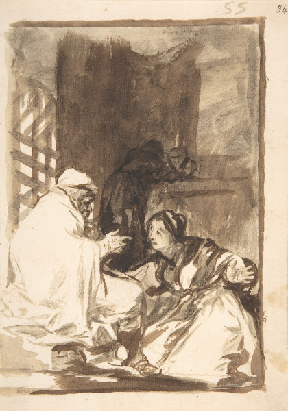 A woman kneeling her arms wide before an old man ca 181220