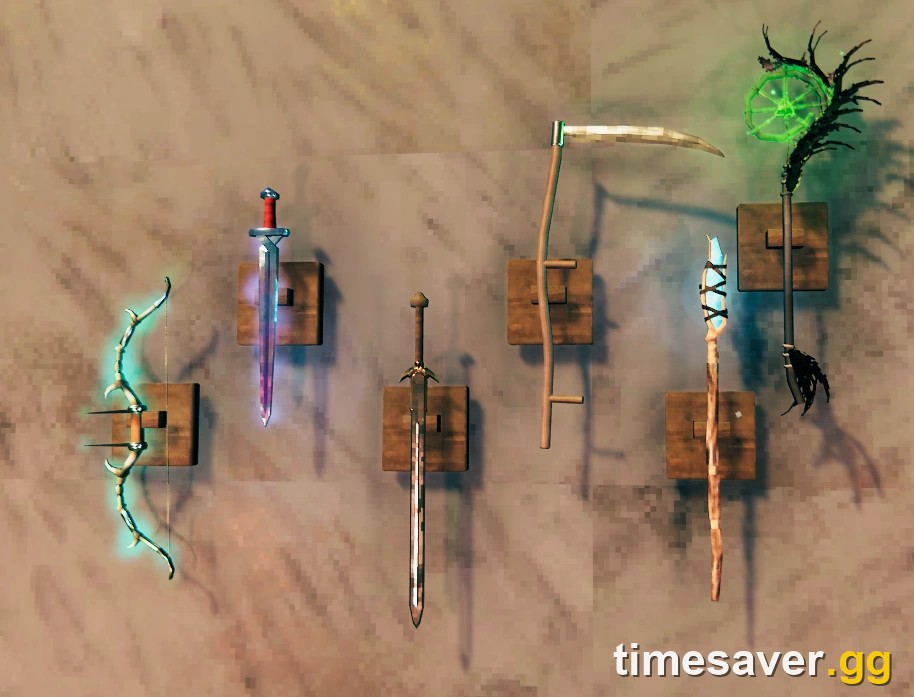 In-game Valheim weapon racks displaying a bow, sword, atgeir and a glowing poison weapon mounted on a wall