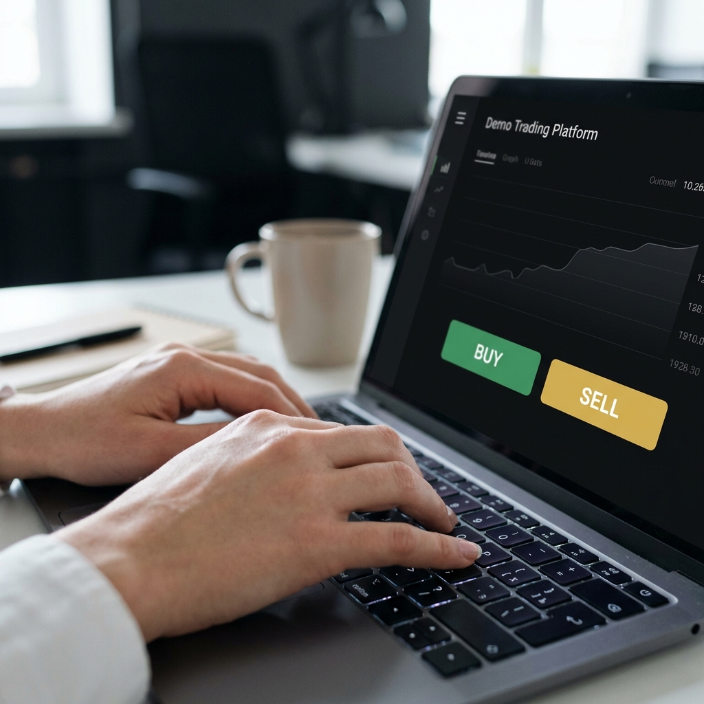 Beginner in share market using a laptop with demo trading platform showing candlestick chart and highlighted buy and sell order buttons on dark background