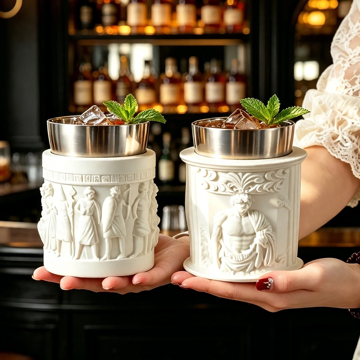 Edelstahl-Cocktailglas mit römischer Säulenprägung