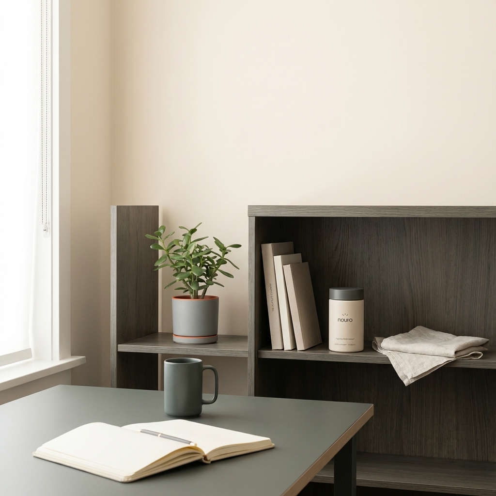 Tidy home office with a small plant, notebook and a Tonum supplement bottle on a shelf suggesting cognitive support and daily routines — Alzheimer's triggers context