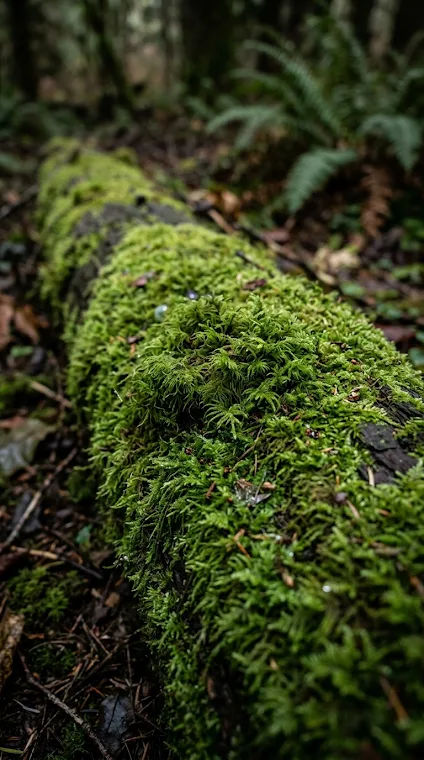 Moss-Covered Log in Forest Macro