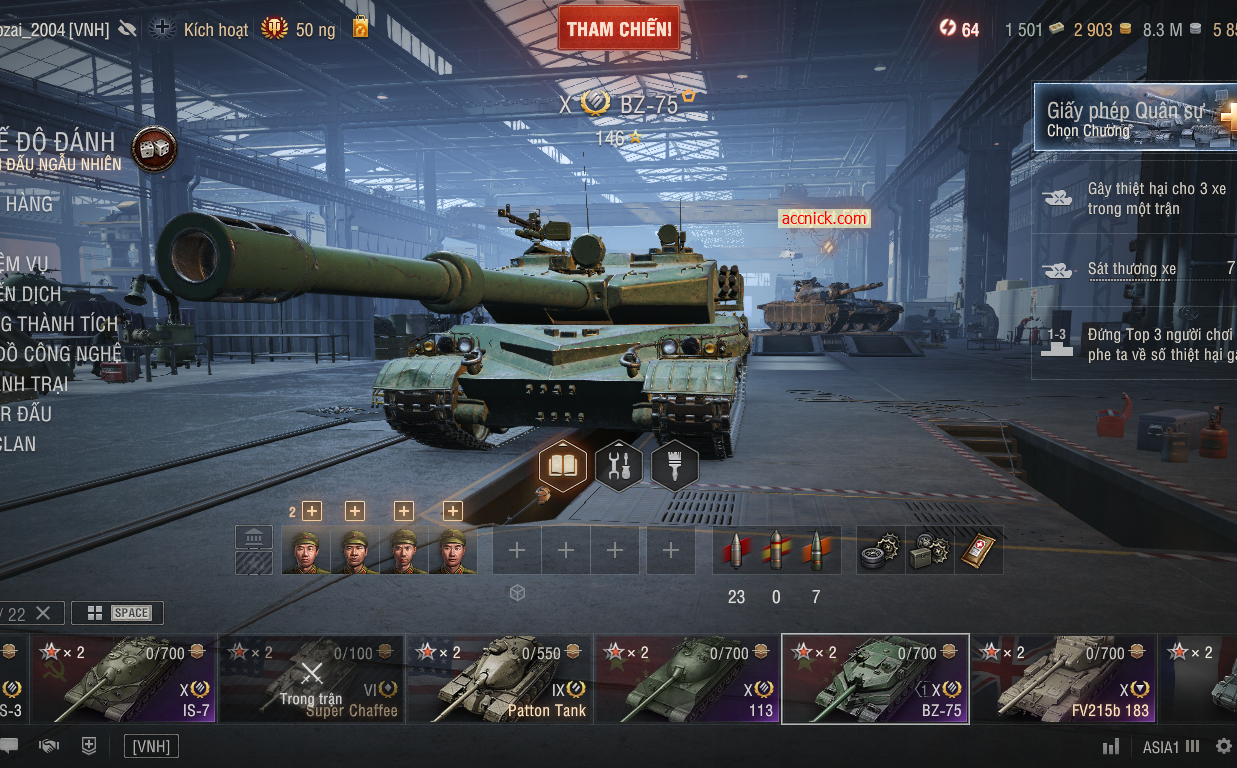Acc World of Tanks 25 tank, gồm 5 xe cấp X (T62A, IS-7, BZ-7...