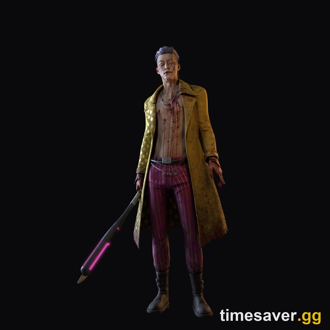 Full-body Dead by Daylight character render of The Trickster in his default outfit, yellow studded coat and striped trousers, holding a bladed baton