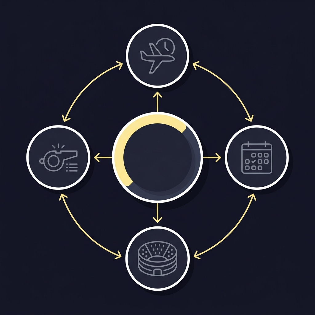 Minimalist 2D vector diagram with four icon nodes for travel jet lag crowd influence officiating protocols and schedule density connected by arrows to a central home advantage node How Home Advantage Varies by League