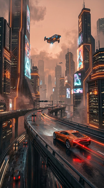 Cyberpunk Flying Car Driving on Futuristic City Highway - Free mobile Wallpaper