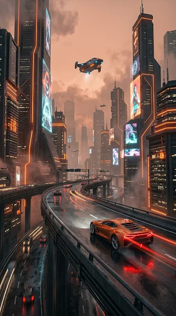 Cyberpunk Flying Car Driving on Futuristic City Highway