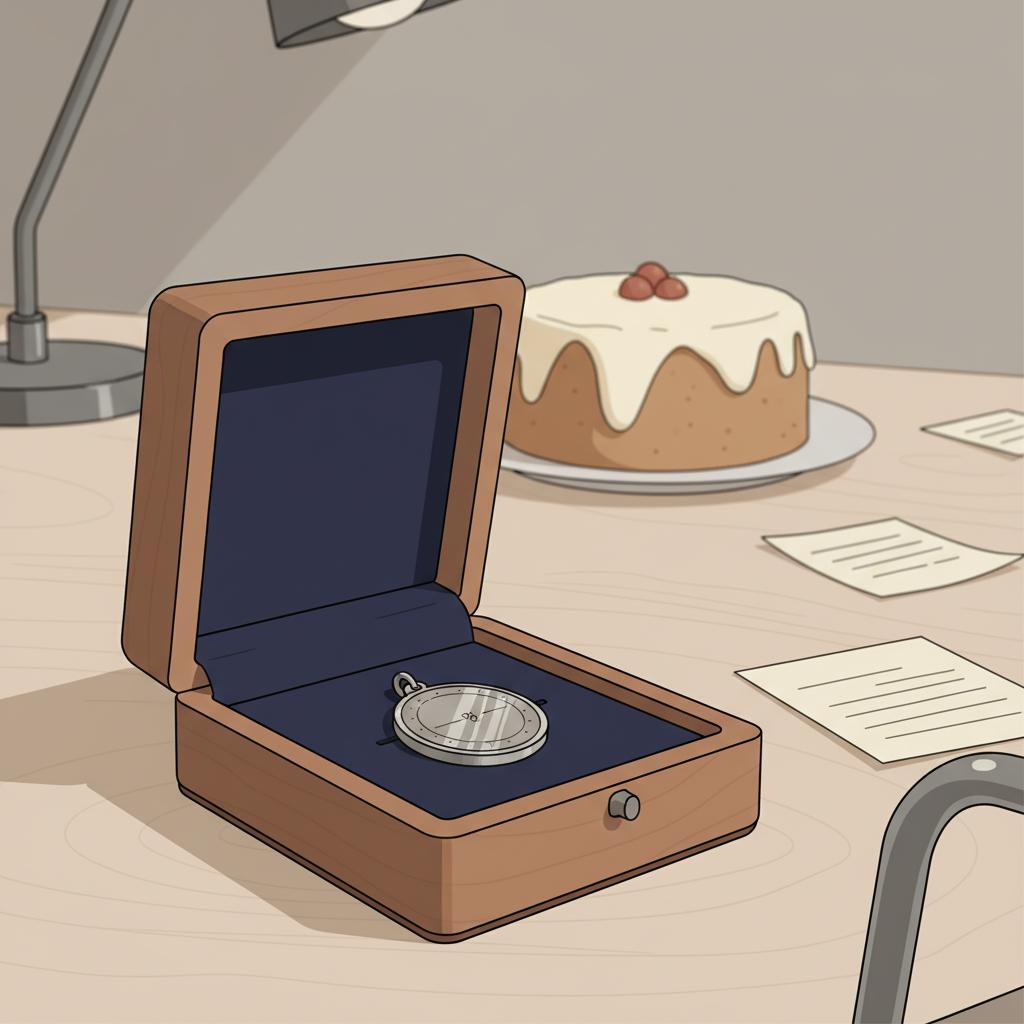 Detailaufnahme eines geöffneten Holzkästchens mit graviertem Metallanhänger auf Samtmatte, unscharf Kuchen und persönliche Notizen im Hintergrund – geschenke zum 60. geburtstag frau