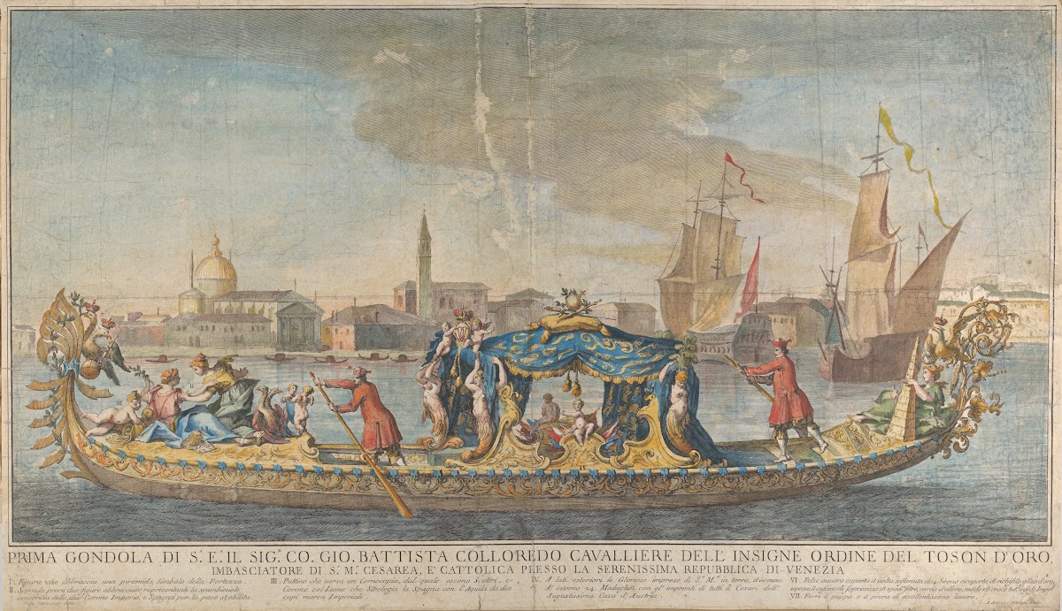 The highly ornamented first gondola of Ambassador Giovanni Battista Colloreado e