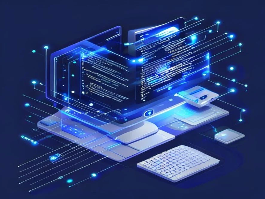 HTML 코드와 데이터 흐름을 시각화한 네이비 블루 톤의 아이소메트릭 일러스트레이션