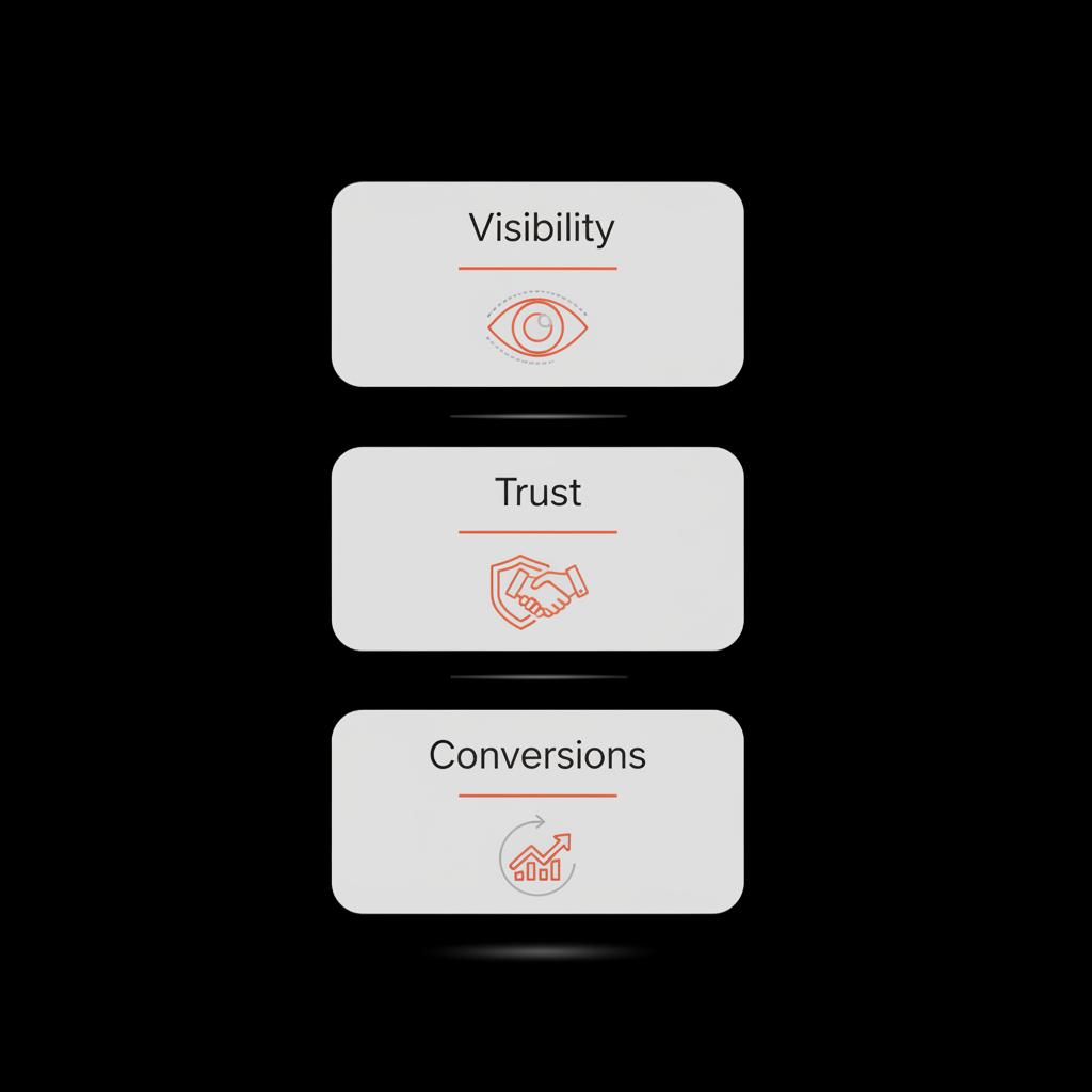 Minimal infographic for TikTokers showing three stacked cards labeled Visibility, Trust, Conversions with matching vector icons on a black full-bleed background