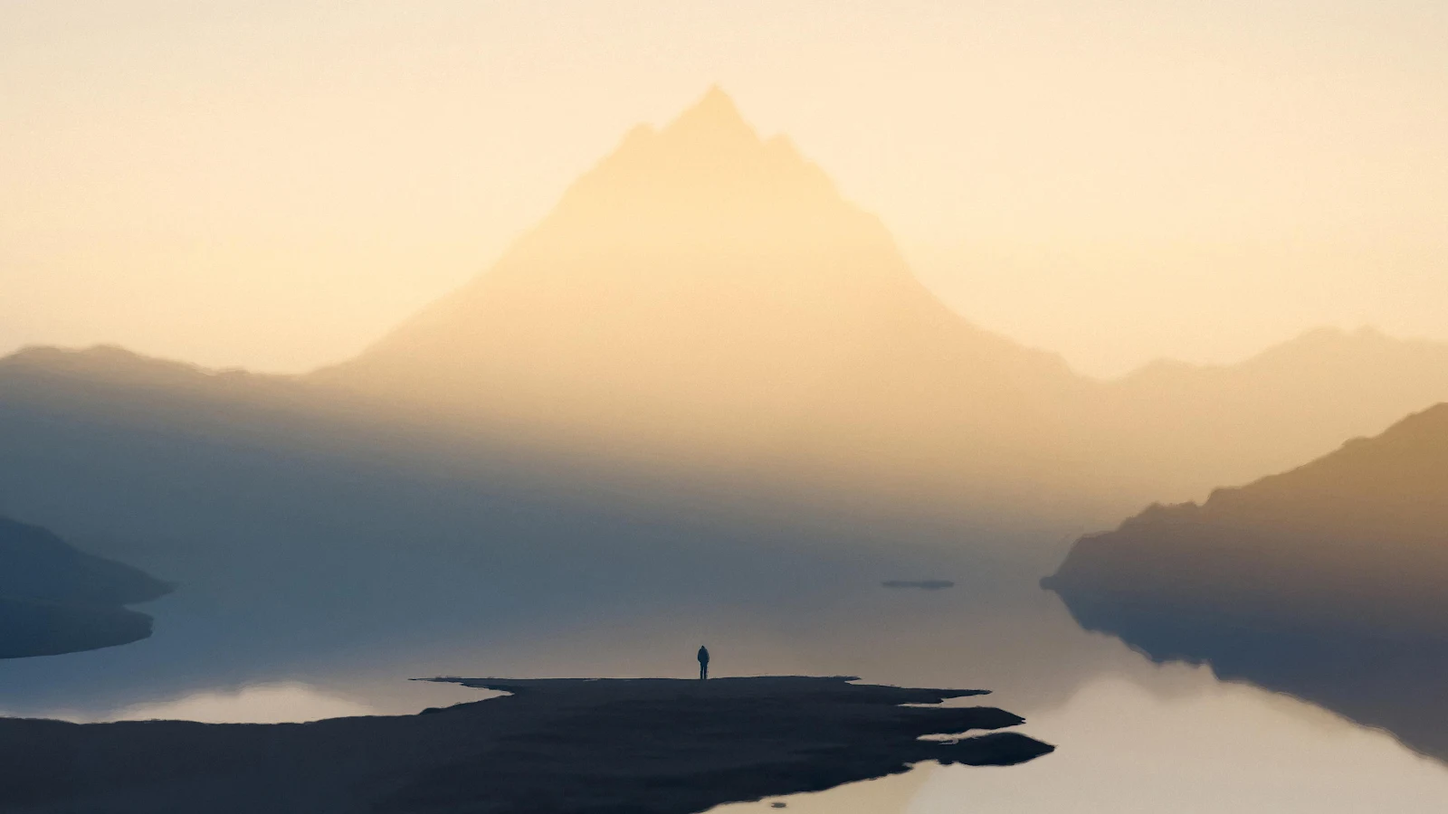 Solitary Figure Under Golden Peak - Minimalist Landscape Art 4K Wallpaper (3840x2160)