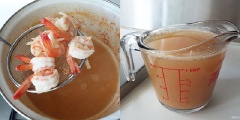 Tiếp đến vớt vỏ và đầu ra rồi cho mực vào nồi, đun khoảng 1 phút thì gắp mực ra, chờ nguội rồi cắt lát vừa ăn. Cuối cùng thêm tôm vào, khi tôm chín thì vớt ra và tắt lửa.