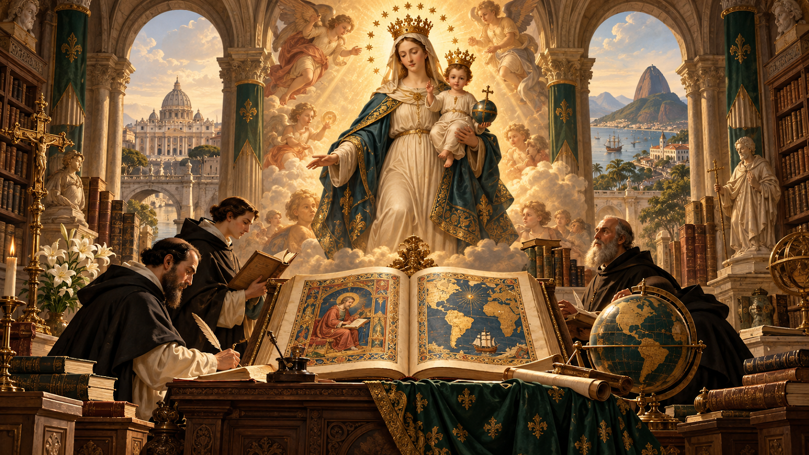 Ilustração solene de inspiração renascentista com Nossa Senhora e o Menino entre livros, estudiosos, globo e arquitetura sacra.