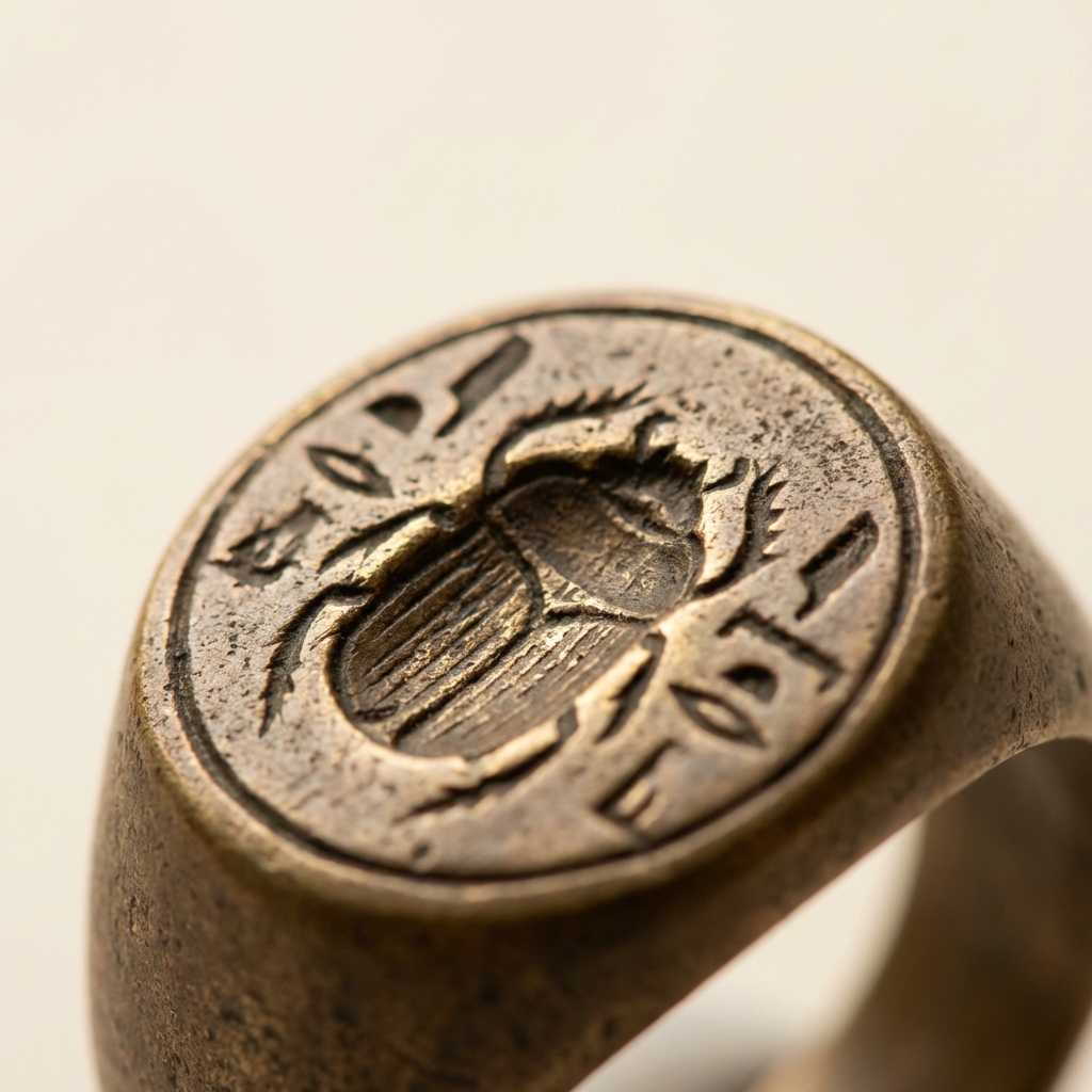 Macro detail of a vintage egyptian ring intaglio showing worn carving lines and tiny tool marks on a warm cream background