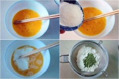 Đập trứng vào bát, đánh đều. Thêm đường, đánh đều tiếp cho đường tan hết. Đổ sữa chua vào, tiếp tục đảo đều tay. Lọc bột mì và bột trà xanh qua rây lọc cho mịn.