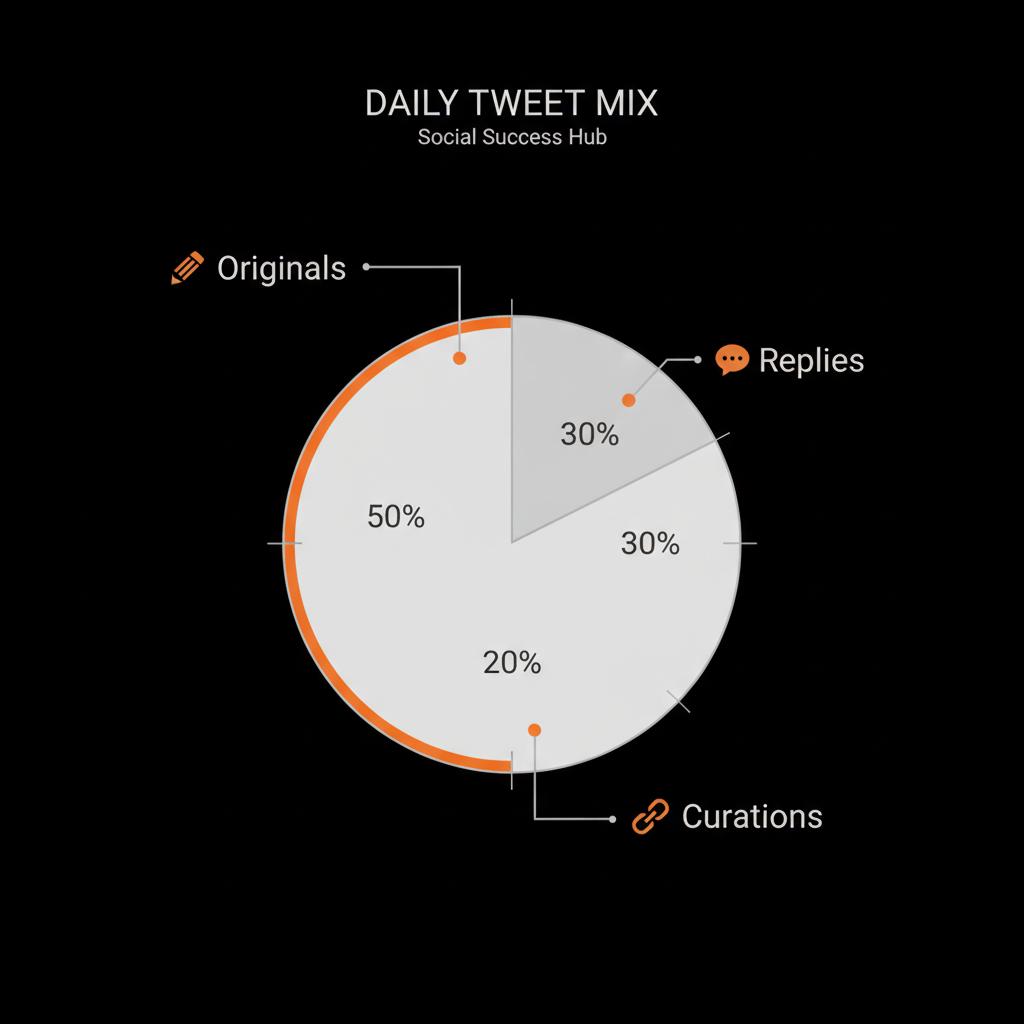Minimal full-frame infographic of a daily tweet mix pie chart (Originals 50%, Replies 30%, Curations 20%) on black background using accents #dc5c2b — how many tweets a day to grow