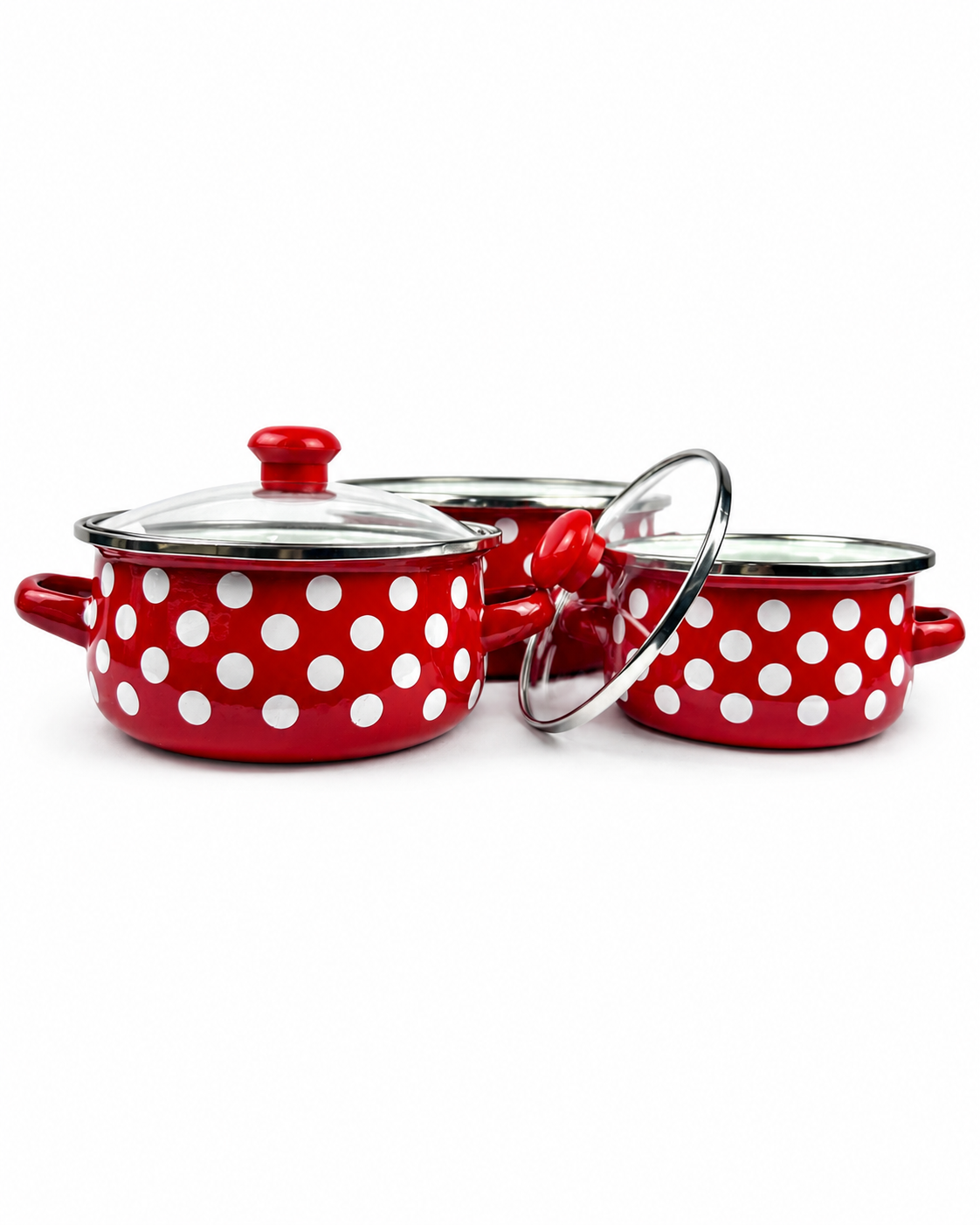 Juego De Ollas En Peltre Roja De Puntos Blancos X3Pcs De 12/14/16Cm-0.5/0.8/1.2Lts — imagen 2