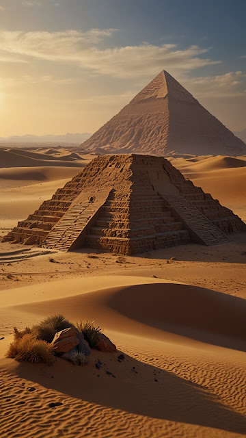 Ancient Stepped Pyramid in Golden Desert Sunset Landscape - Free mobile Wallpaper