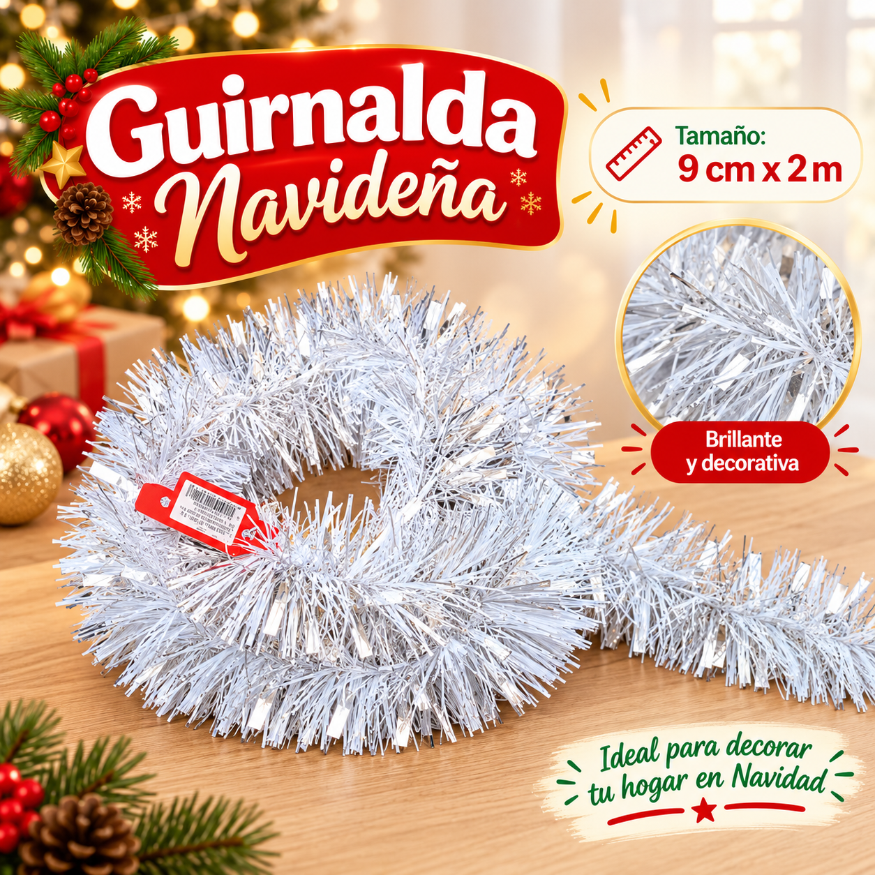 Guirnalda navideña de tinsel blanca y plateada 9 cm x 2 m