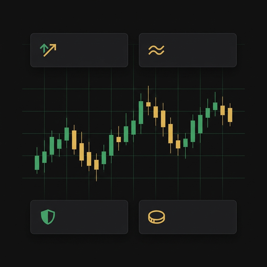 Minimalist financial dashboard with centered candlestick chart and price visualization for ripple shares price on dark background with green and gold accents