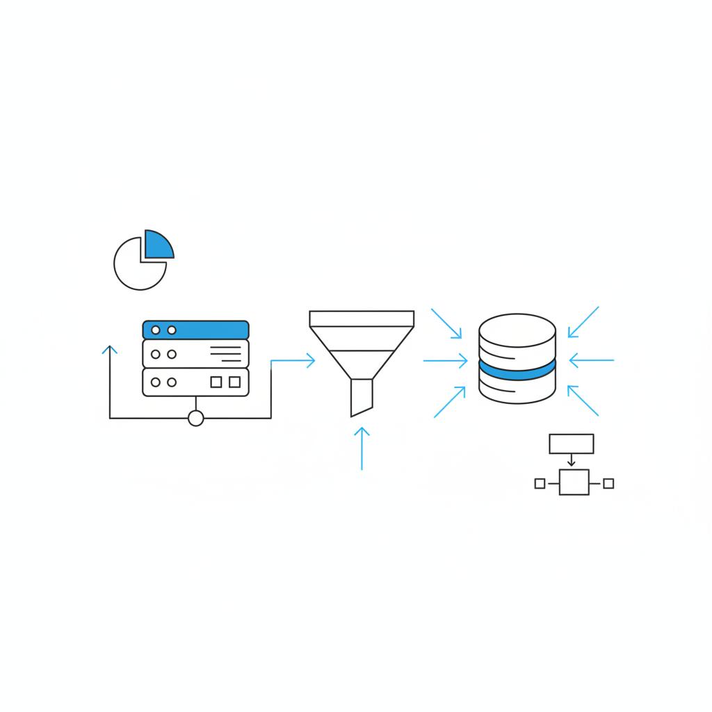 Minimal 2D vector notebook-style diagram showing server-side tracking, a marketing funnel, and arrows flowing into a CRM database illustrating negatives of Google Ads