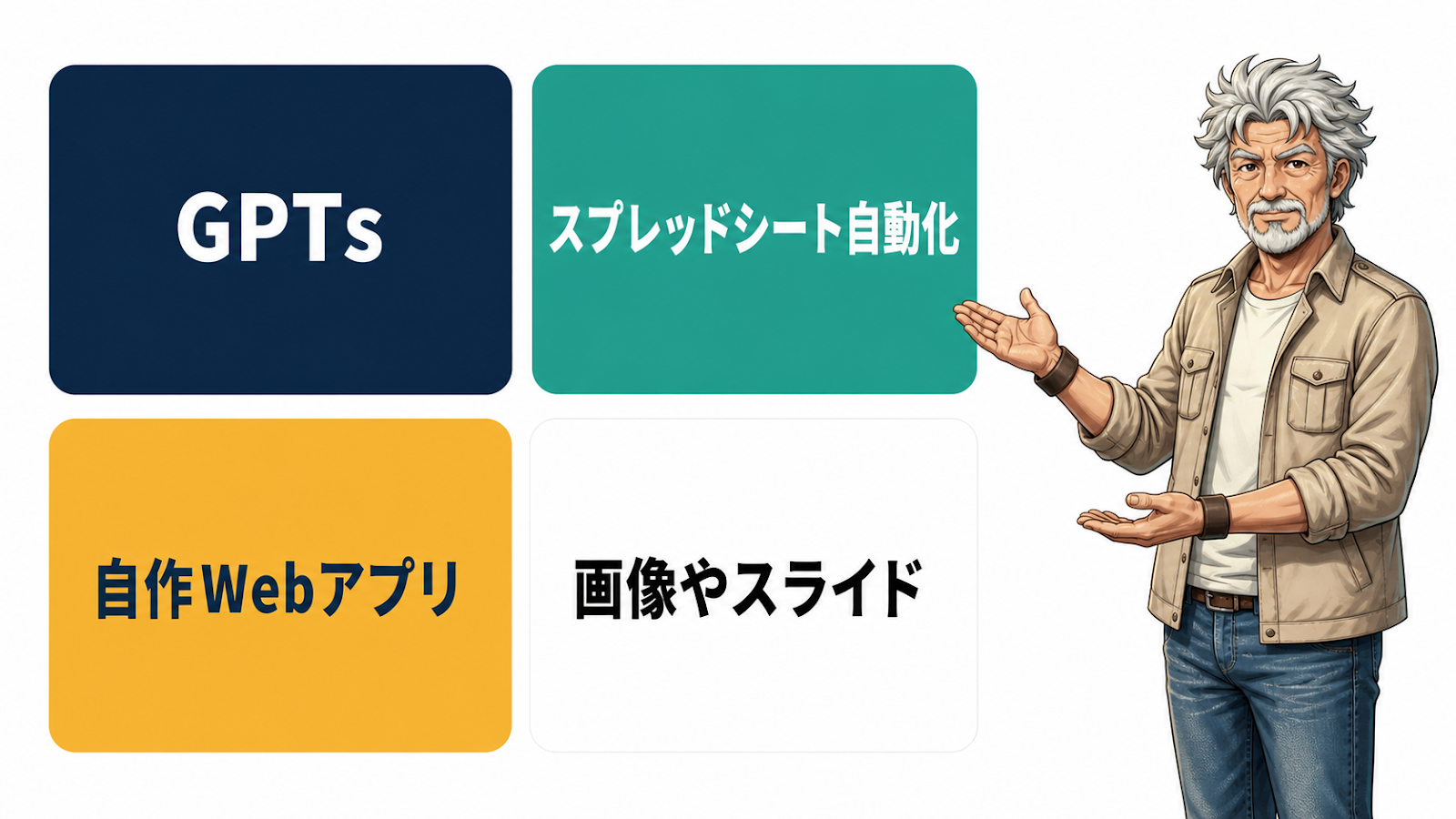 AIで作れる商品の4種類（GPTs・スプレッドシート自動化・自作Webアプリ・画像やスライド）