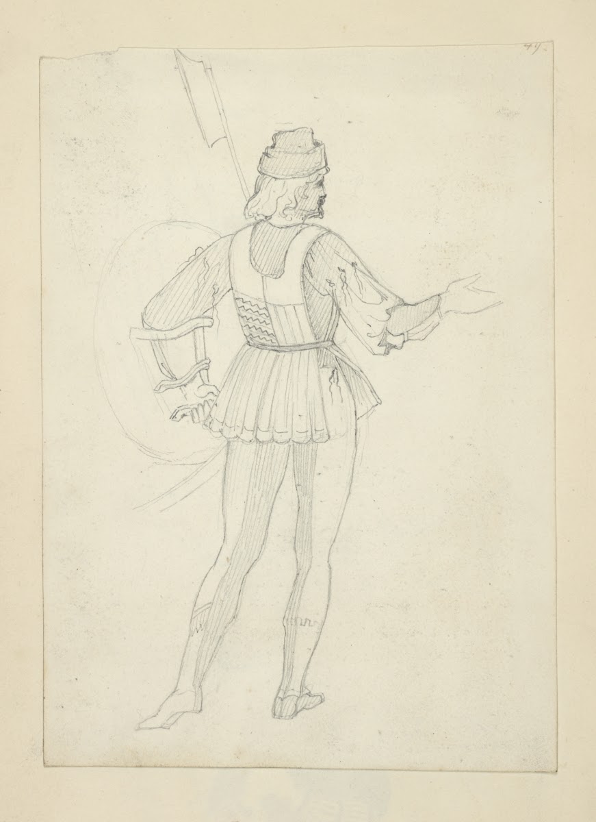Back view of man in hat vest and tights 1840