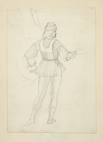 Back view of man in hat vest and tights 1840