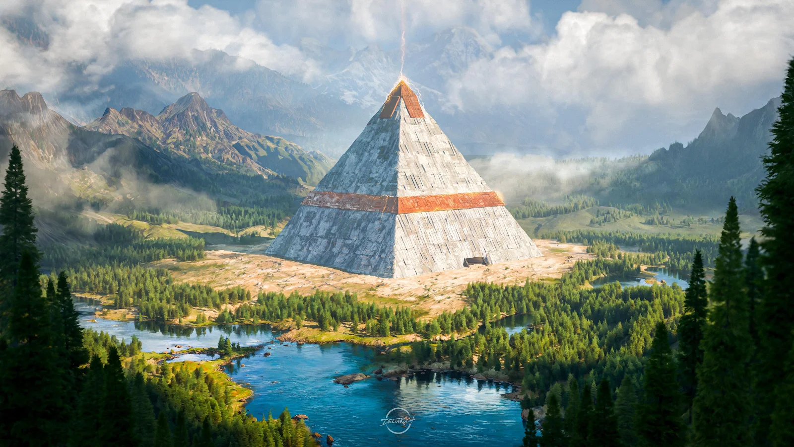 Futuristic Pyramid in Mountain Valley - Digital Concept Art 4K Wallpaper (3840x2160)