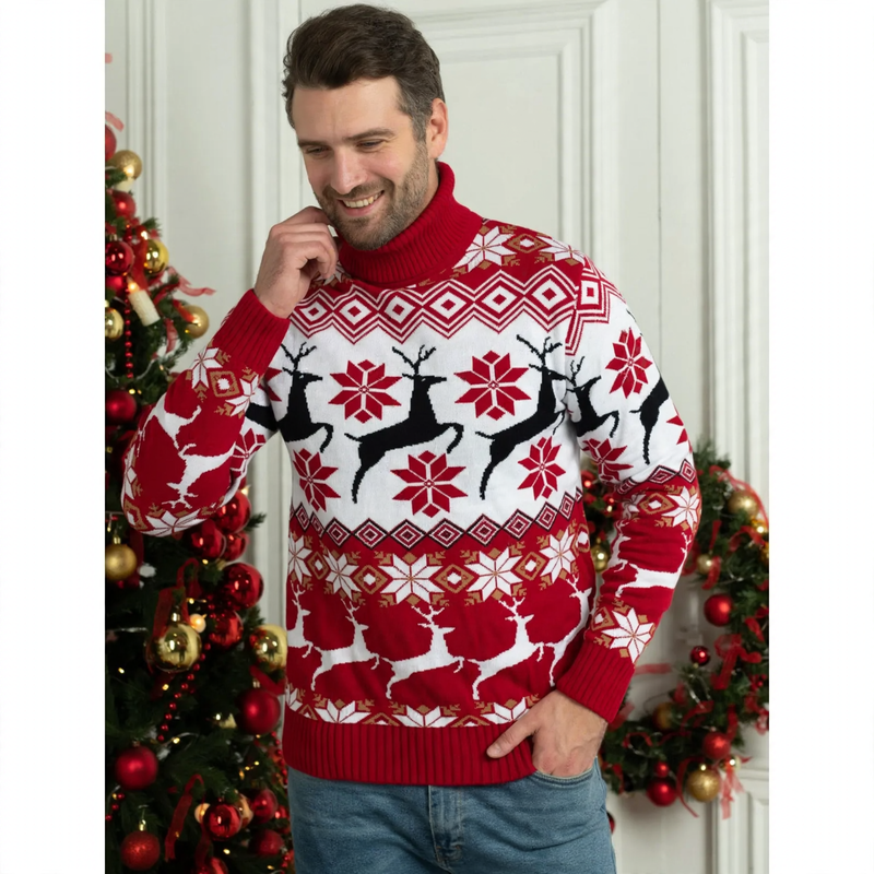 Unisex Christmas Sweater with Reindeer Jacquard and Turtleneck