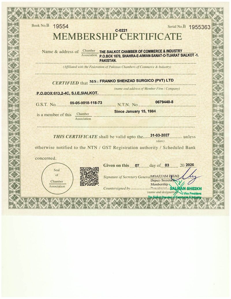 SCCI Membership Certificate Sialkot Chamber of Commerce