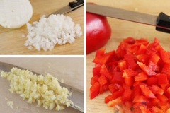 Chuẩn bị tất cả các nguyên liệu. Rửa sạch đào, cắt thật nhỏ. Đồng thời cũng cắt nhỏ 1/2 củ hành tây và ớt chuông đỏ.