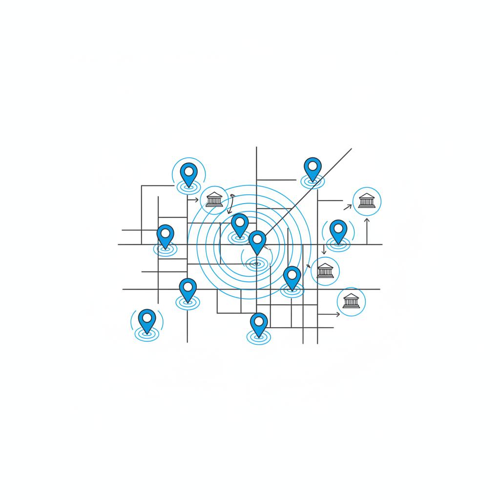 Hand-drawn vector local map with courthouse icons, pinpoints and radius circles on a clean white notebook-style page for google ads for law firms
