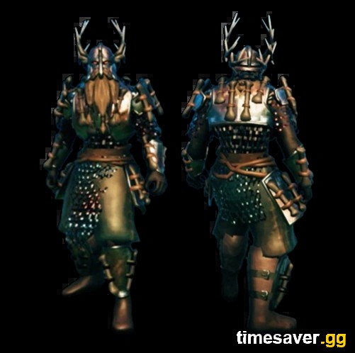 Two vikings wearing the Flametal Armor set, the highest-armor set in Valheim