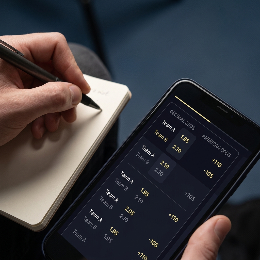 Close up of smartphone showing decimal and American odds with a hand taking notes on a notebook minimalist Funded Plays brand color background betmania sportsbook