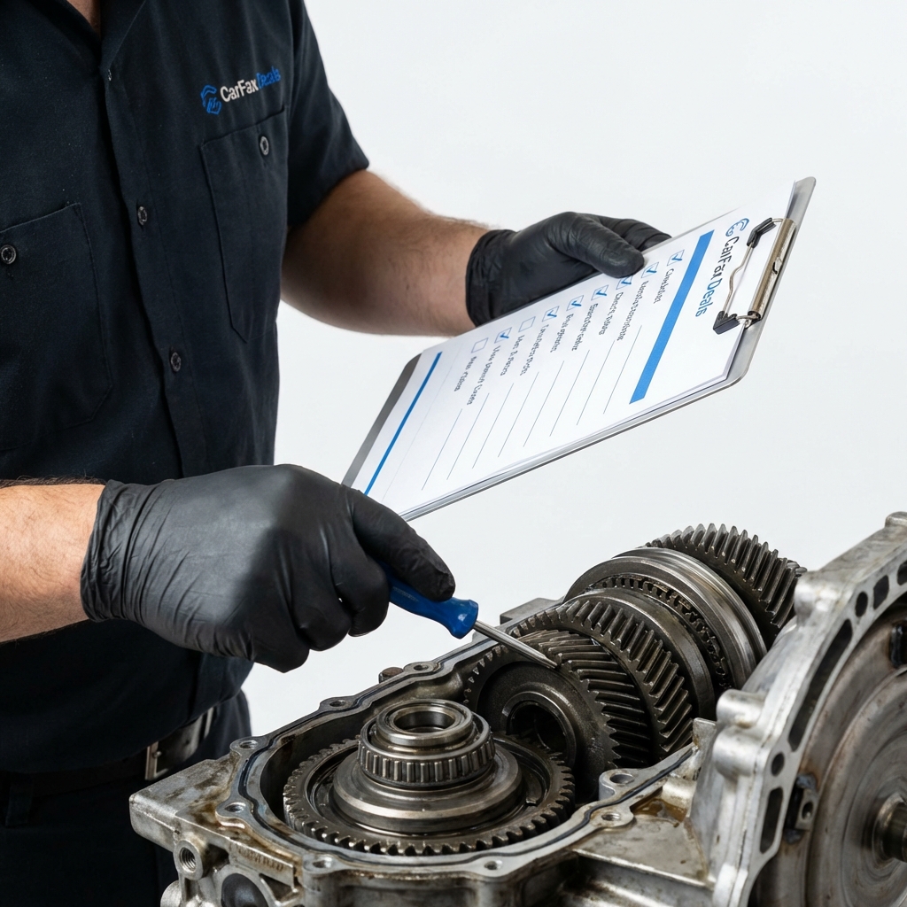 Close up of mechanic inspecting a minivan transmission with a checklist clipboard on a clean white background accented with CarFax Deals blue, minivans for sale