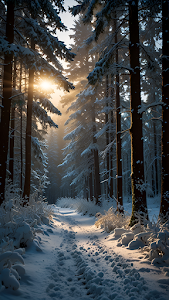 Sunlit Winter Forest Path with Fresh Snow and Pine Trees