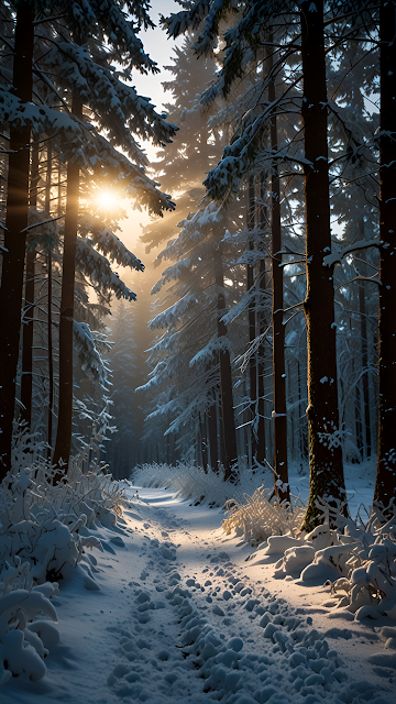 Sunlit Winter Forest Path with Fresh Snow and Pine Trees - Free mobile Wallpaper