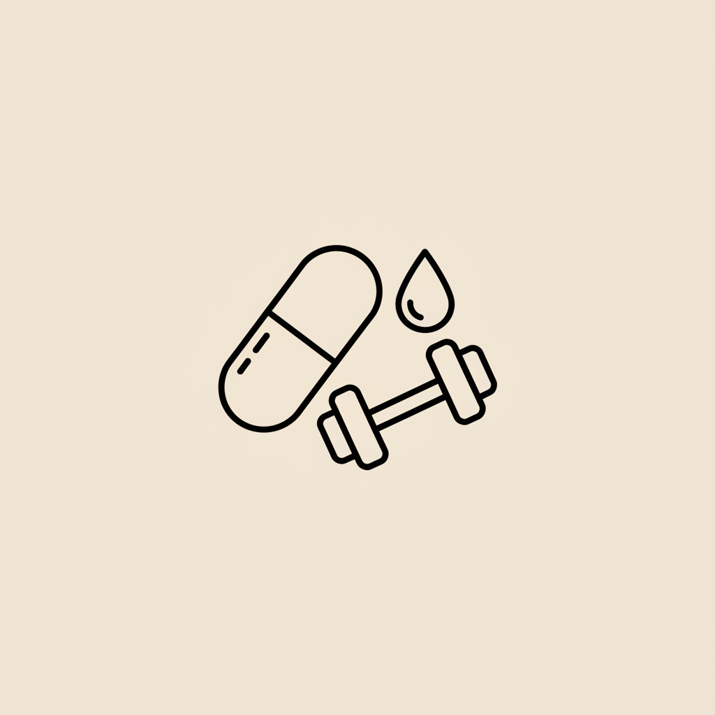 Minimal line icon of capsule, water drop, and dumbbell on beige background — should women take creatine when losing weight?
