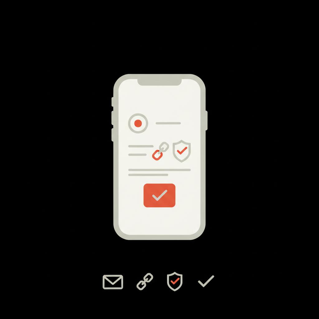 Minimal vector smartphone showing a stylized recovery emails layout with highlighted safe sender, secure link, and confirm action in Social Success Hub brand colors.
