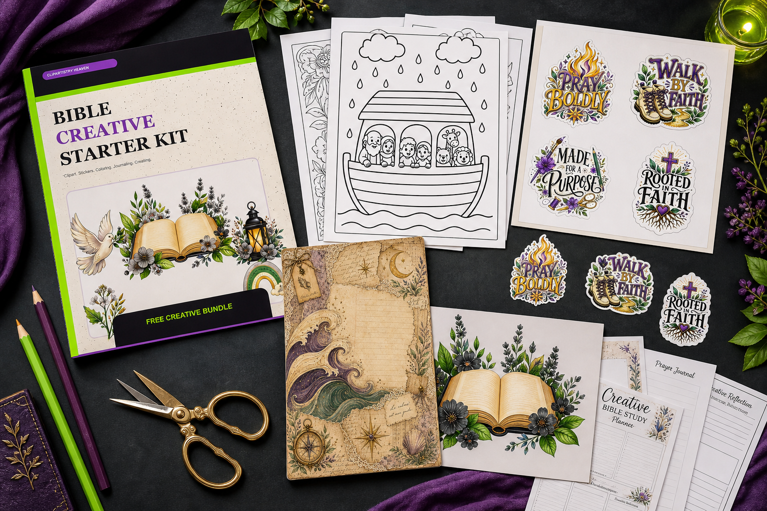 Bible Creative Starter Kit with guide, coloring pages, faith stickers, journal page, clipart and printable planner pages