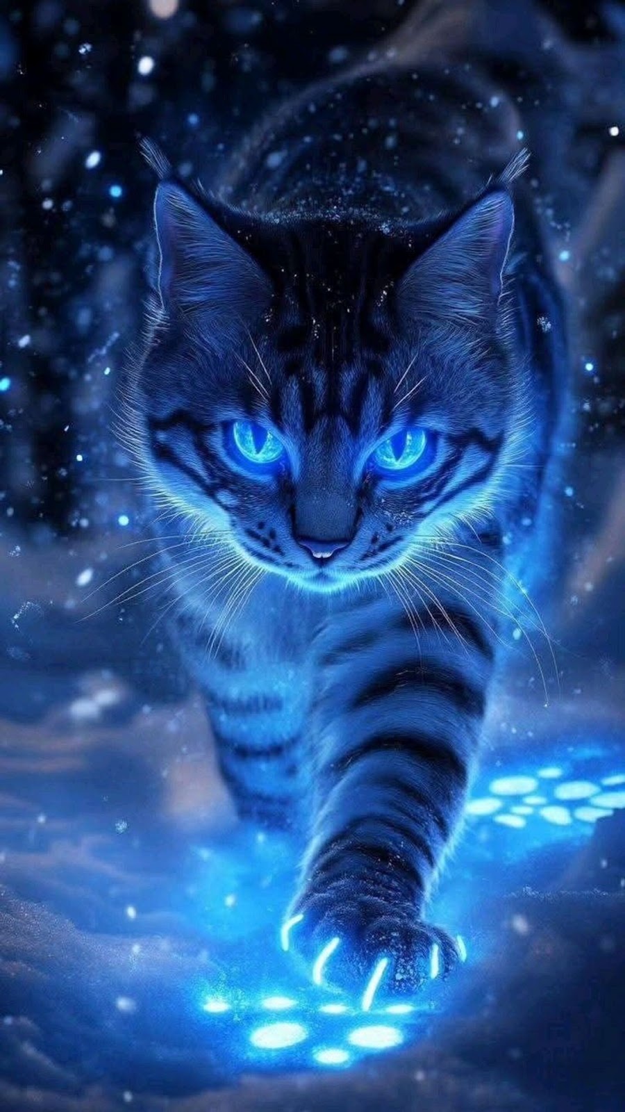 Magical Glowing Cat Walking in Blue