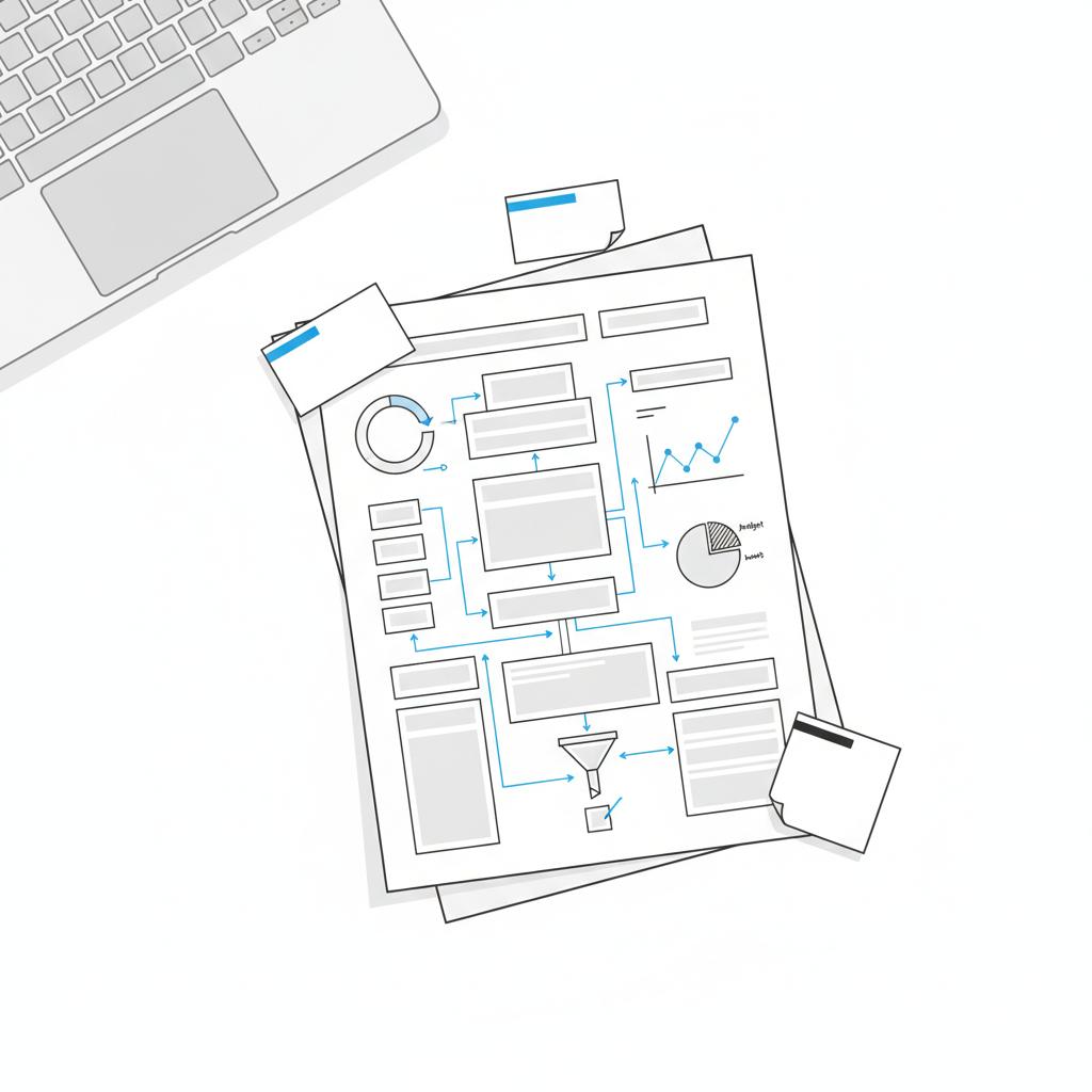 Minimal 2D vector of a tidy white desk with a laptop keyboard and a printed sitemap page showing hand-drawn boxes, arrows and sticky notes in #1a5bfb and #39383f, website builder for professionals