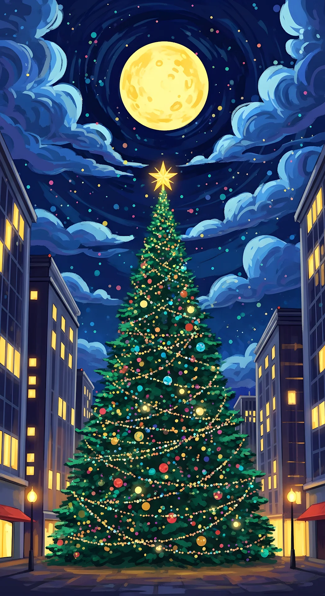 Magical City Christmas Tree Night Sky Full Moon Art - Free 4K mobile Wallpaper