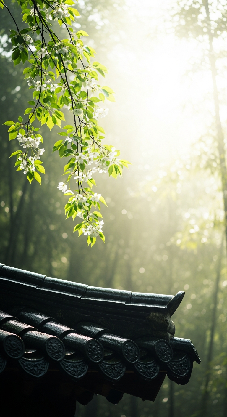 White Flowers Hanging Over a Traditional Tiled Roof in a Sunlit Misty Forest - Free 4K mobile Wallpaper