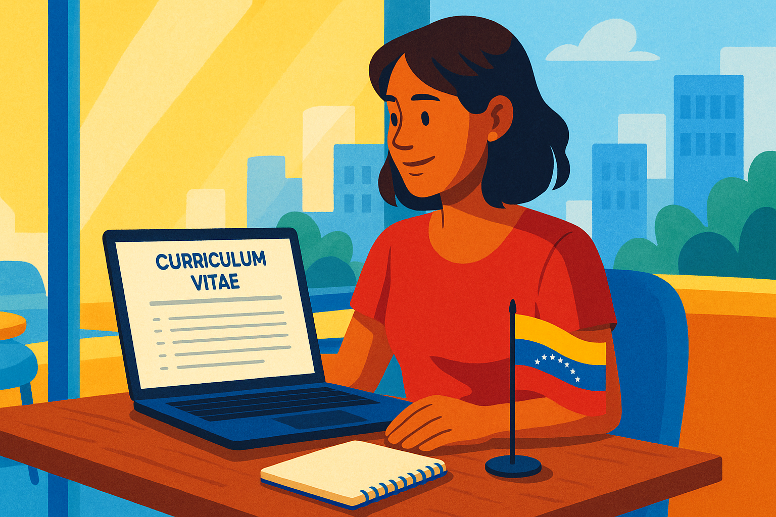 venezolano buscando trabajo con currículum ATS y laptop en el exterior