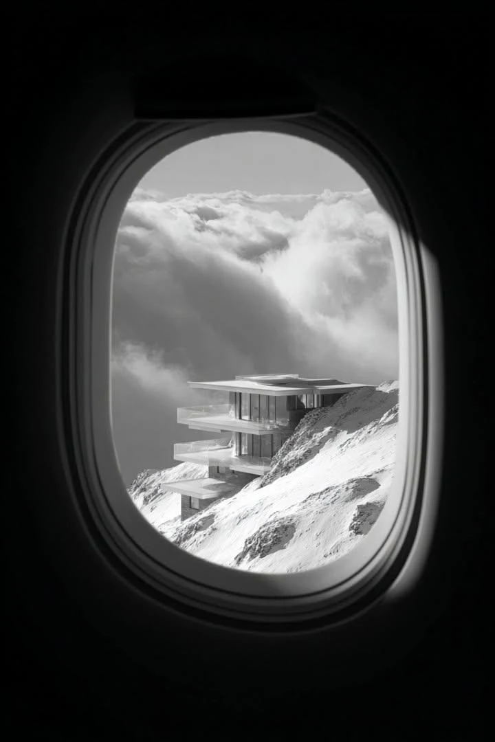 Una ventana que da a un avión y se puede ver una imagen en 4K de una casa futurista y muy moderna en la parte superior de un...